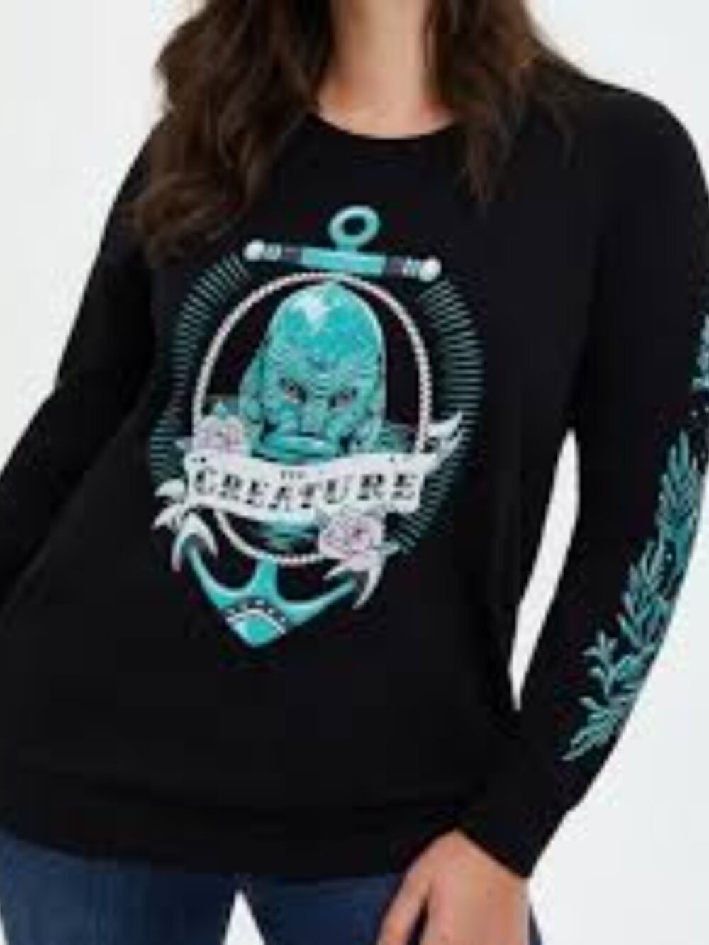 Universal Black "The Creature" Crewneck Sweater with Teal Graphic Size